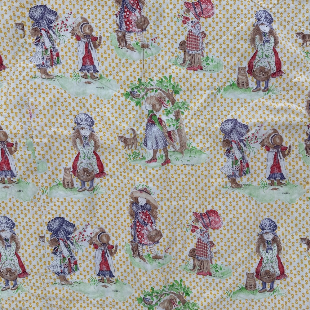 Vintage Holly Hobbie Fabric Quilt Twin‎ Children Playing Yellow Floral Pattern